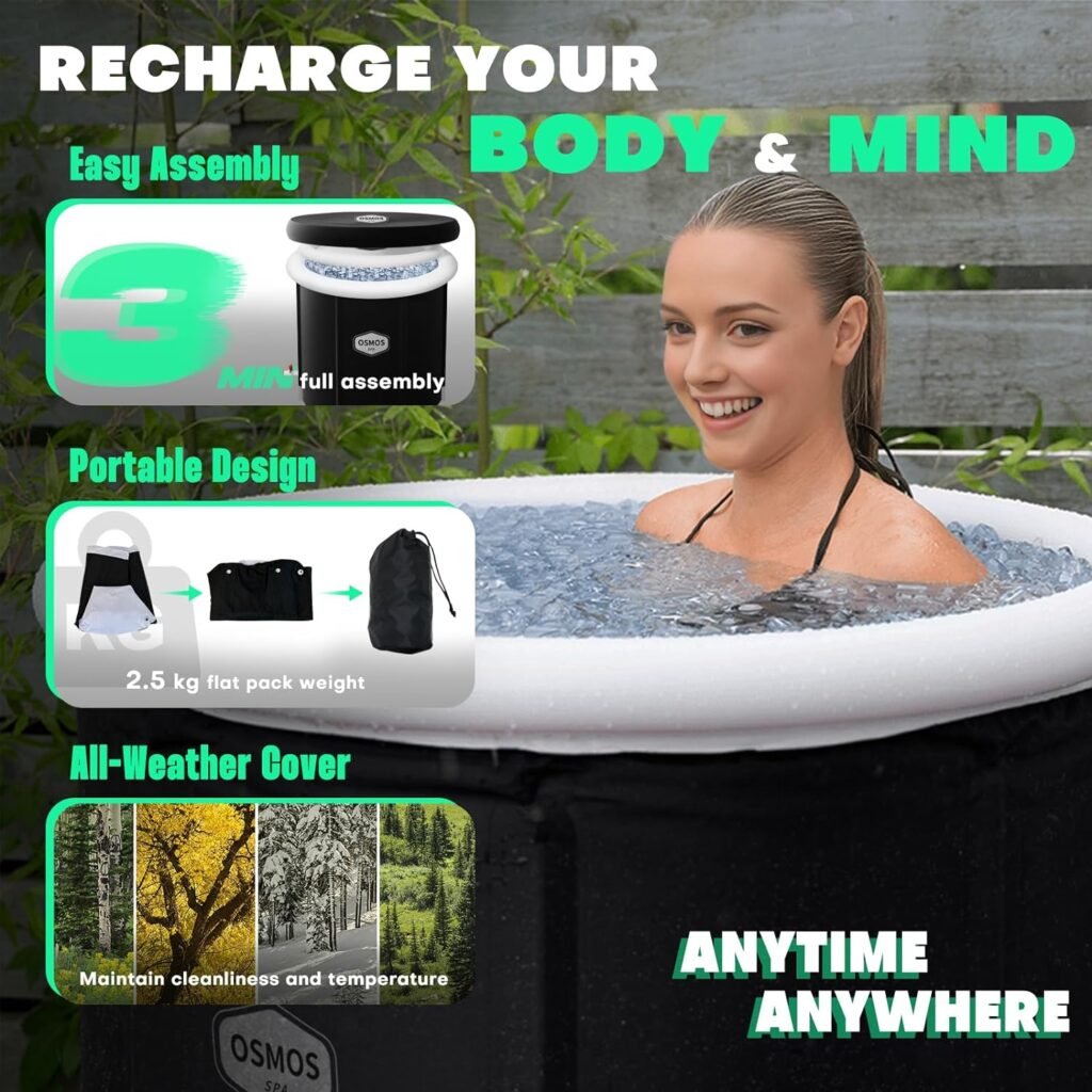 Portable Ice Bath Tub for Athletes - OSMOS 105 Gallons Large Inflatable Cold Plunge Tub with Cover, Nylon Fabric Ice Plunge Tub for Recovery, Cold Water Therapy Pod at Home Outdoor for adults 31.5 IN