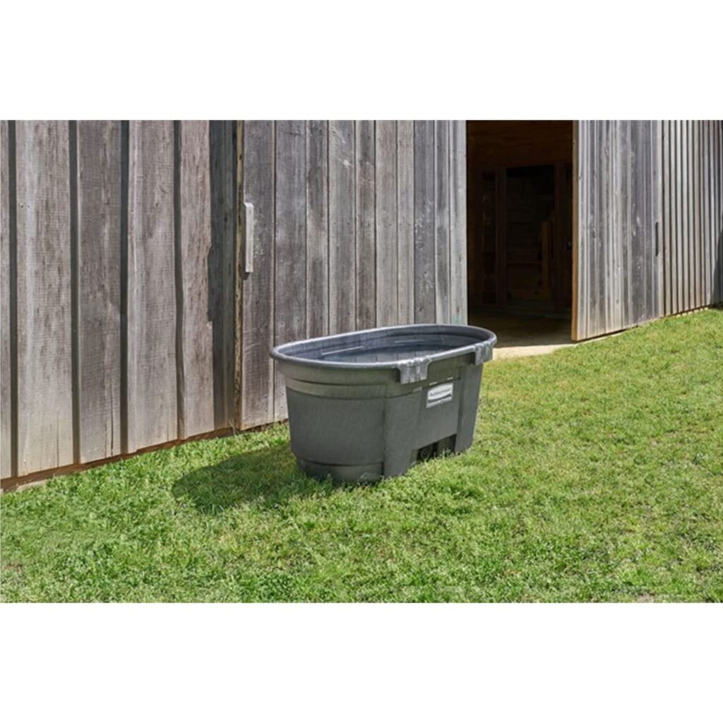 Rubbermaid Commercial Products Stock Tank, 100-Gallons, Structural Foam, Heavy Duty Container, for Livestock/Animal/Cattle Feed  Water, Outdoor Homemade Pool/Hot Tub/Bathtub,  Pet Cleaning/Dog Wash