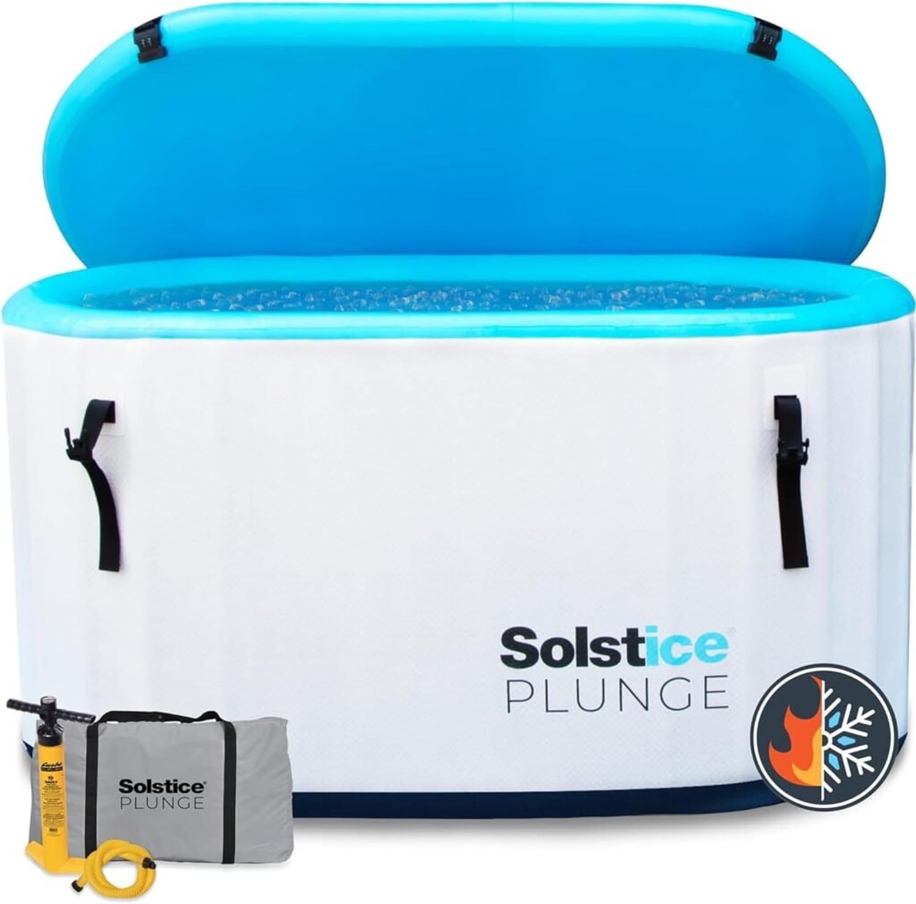 SOLSTICE ORIGINAL Inflatable Cold Plunge Ice Bath Tub Compatible W/ Water Chillers  Ozone Filters | Outdoor  Indoor | Inlet Outlet Connection for Accessories | Insulated Lid Hot Cold | 100 Gallon