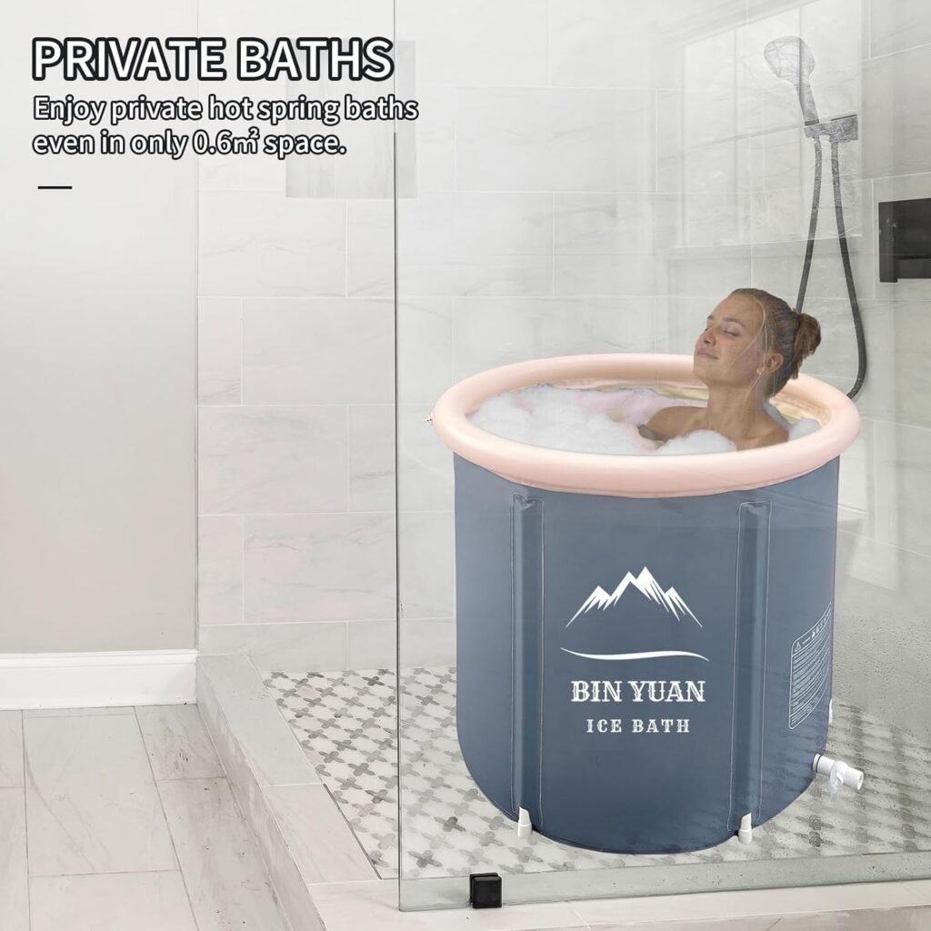 BY Portable Ice Bath Tub, Foldable Bathtub for Adult Inflatable Outdoor Cold Plunge Tub Freestanding Bathtub Hot Tub Spa Tub for Shower Stall (Like Wooden+Lid, 31.5 Φ x 29.5 H)