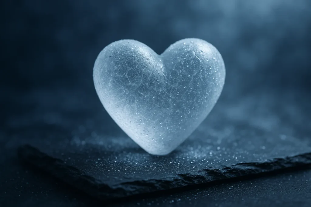 A frosted glass heart sculpture on black slate, fine dusting of ice crystals and tiny dew beads cool blue directional light, subtle fog and mist high-...