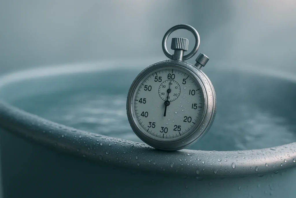 A single matte stainless-steel stopwatch resting on the rim of an ice-blue cold plunge tub, water droplets on metal, soft morning light and subtle ste...