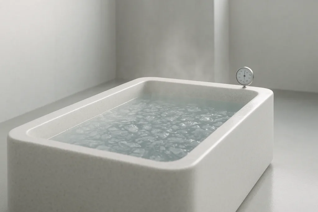 A single minimalist cold plunge tub filled with clear icy water, subtle mist rising, soft natural light, neutral desaturated palette, calm contemplati...