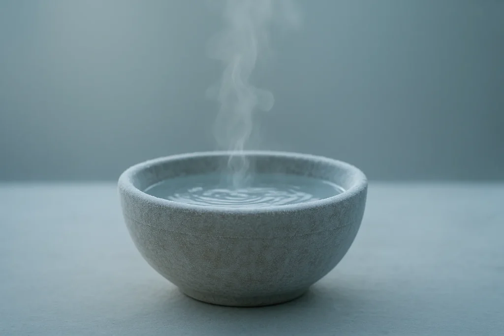 Close-up of a single frosted wooden bowl filled with clear icy water and a delicate plume of visible breath vapor rising above it, subtle ripples, sof...
