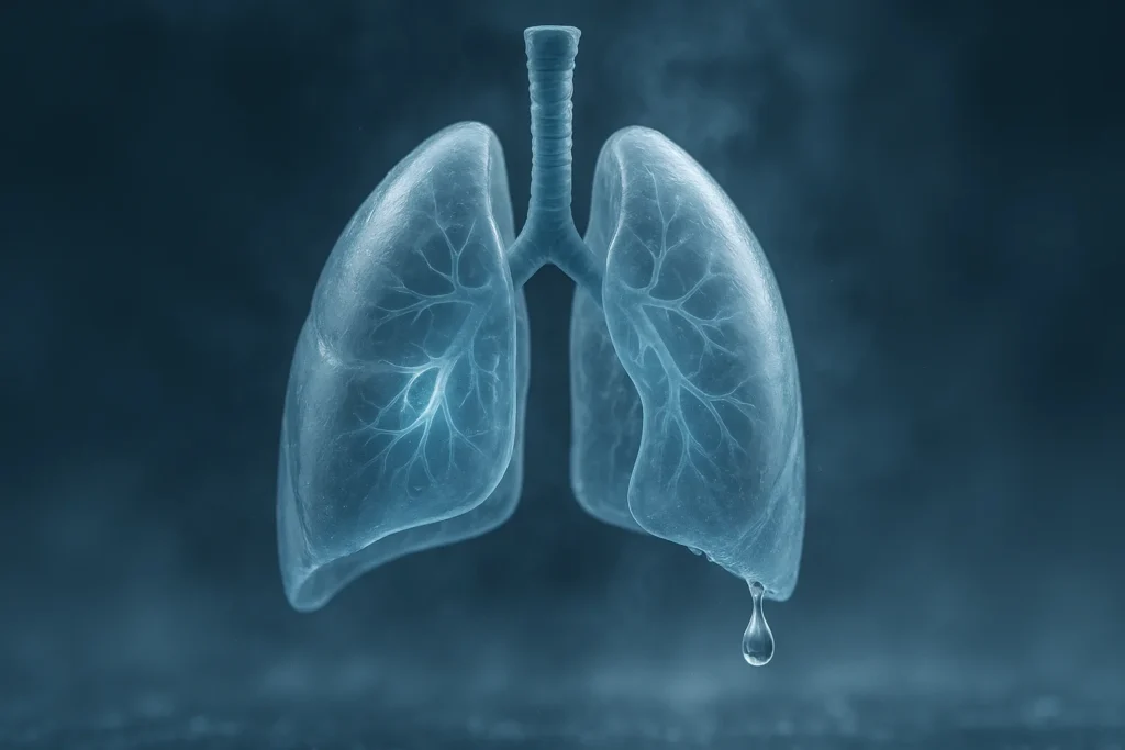 Photorealistic translucent human lung suspended alone, cool blue and icy tones, internal airways faintly lit, a single crisp droplet of cold water for...