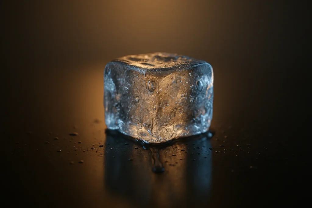 Single melting ice cube on a reflective dark surface, soft warm backlight and cool blue rim light, micro-droplets and thin melt stream, high-detail te...