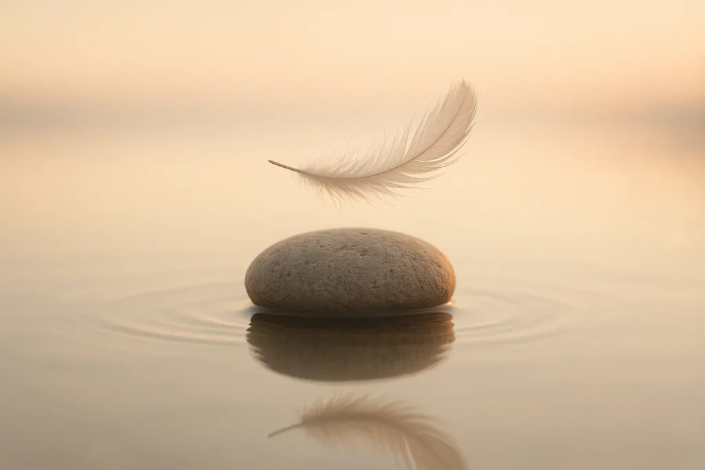 Single smooth river stone resting on calm reflective water at dawn, a delicate feather floating above creating gentle ripples; soft warm natural light...